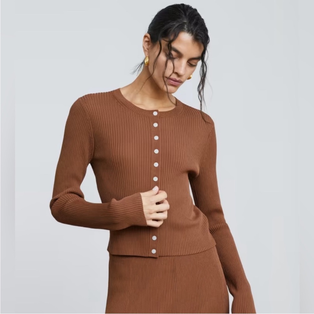 Everlane, Ribbed Cropped Cardigan, cocoa brown, NWT, XXS